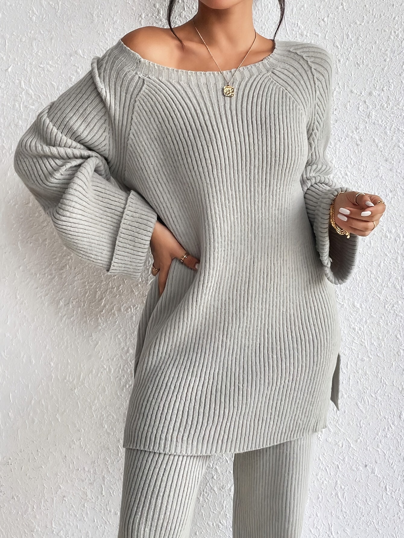 Elegant Solid Color Pants Set, Raglan Sleeve Ribbed Knit Sweater & Wide Leg Loose Knitted Pants For Fall & Winter, Women's Clothing