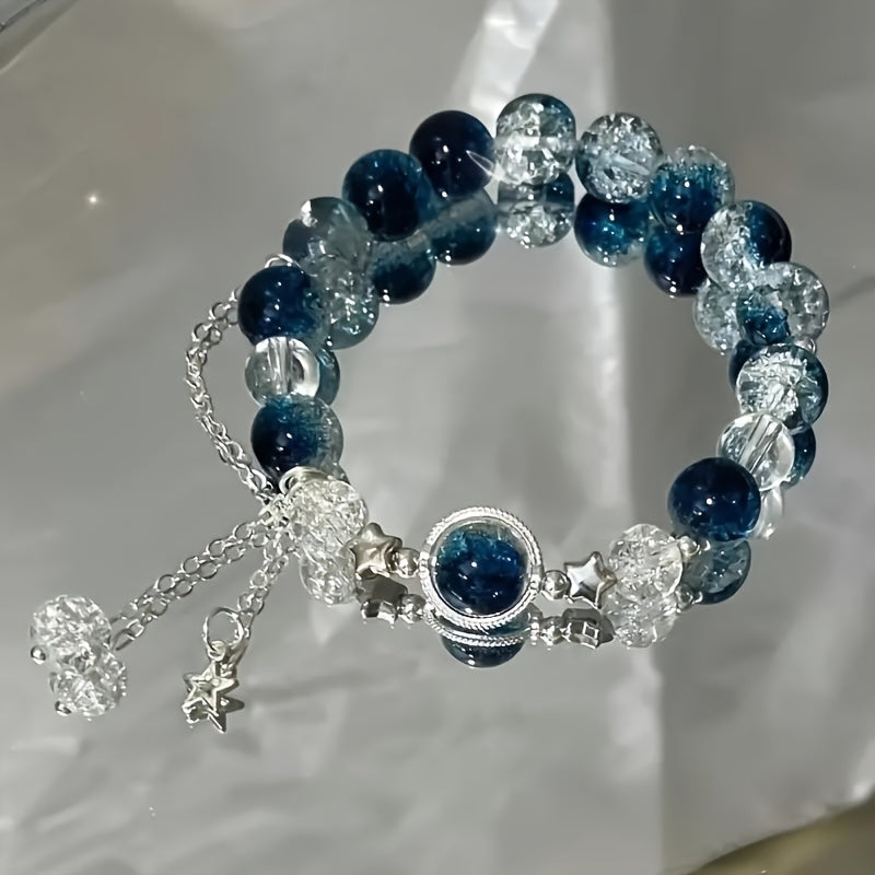 1pc Sparkling Star Charm Blue Beaded Bracelet, Handcrafted Adjustable Design - Perfect Adorable Gift for Her - Trendy Everyday Accessory