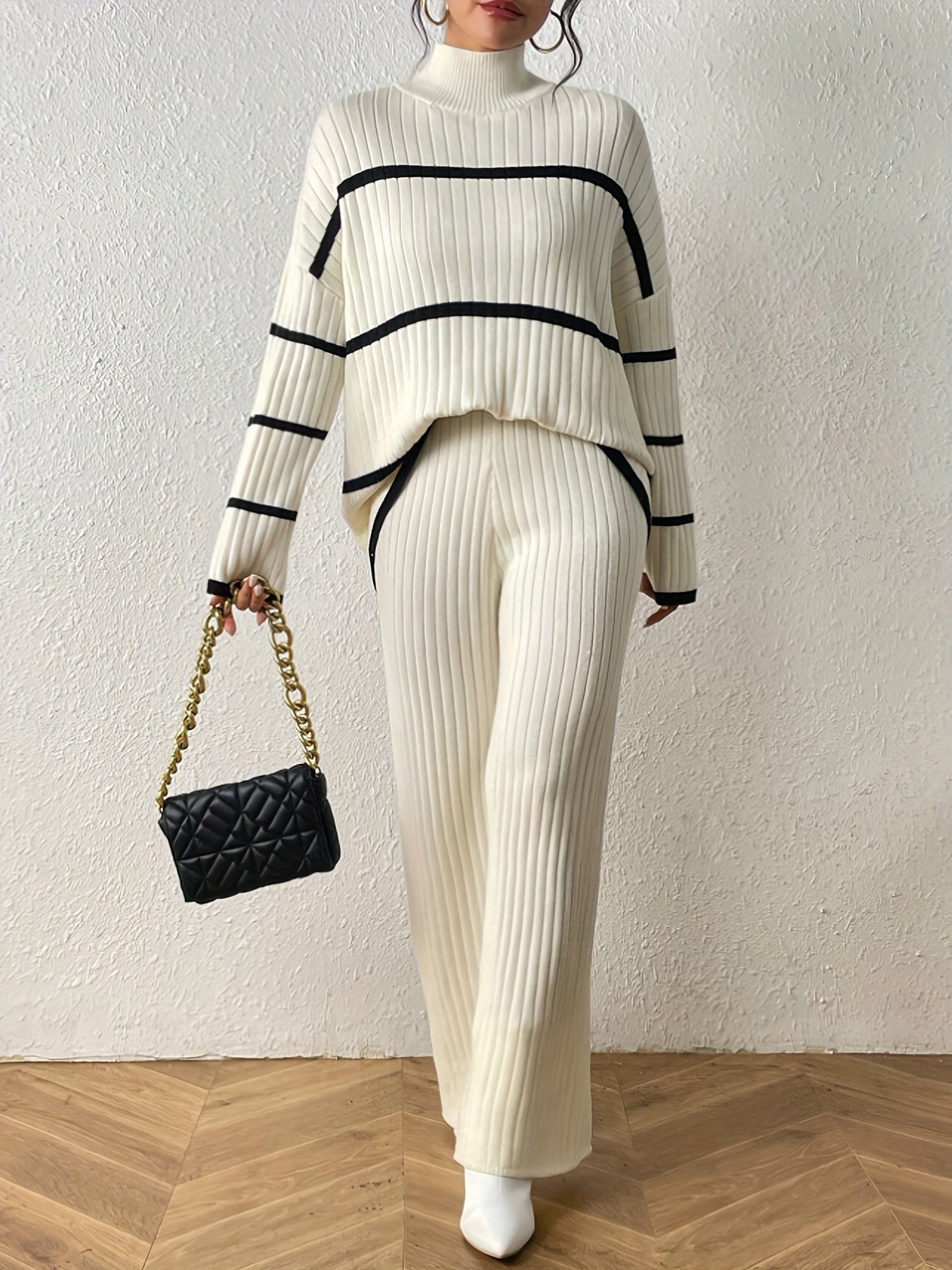 Stripe Pattern Ribbed Knit Cord Set: Long Sleeve Turtleneck Drop Shoulder Sweater & Solid Color Straight Leg Pants Outfit, Women’s Clothing.