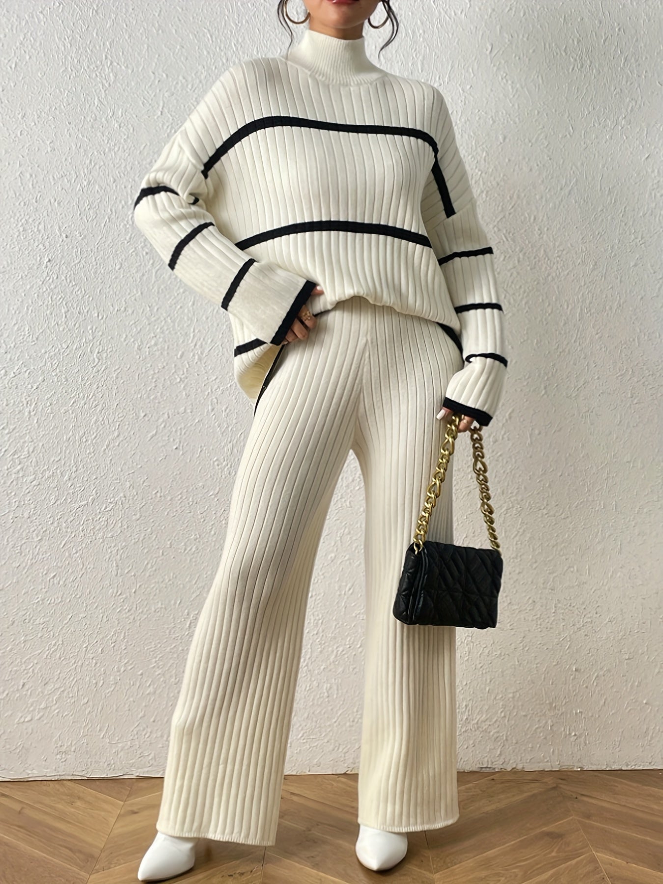 Stripe Pattern Ribbed Knit Cord Set: Long Sleeve Turtleneck Drop Shoulder Sweater & Solid Color Straight Leg Pants Outfit, Women’s Clothing.