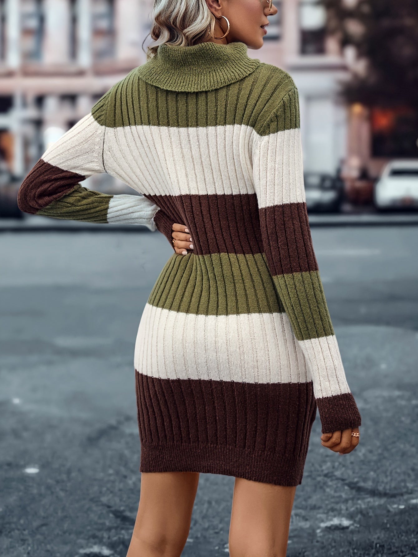 Elegant Striped Color Block Knit Dress for Women - High Neck, Bodycon Fit, Machine Washable, Striped, Knit Dress, Fashion, Women's Clothing