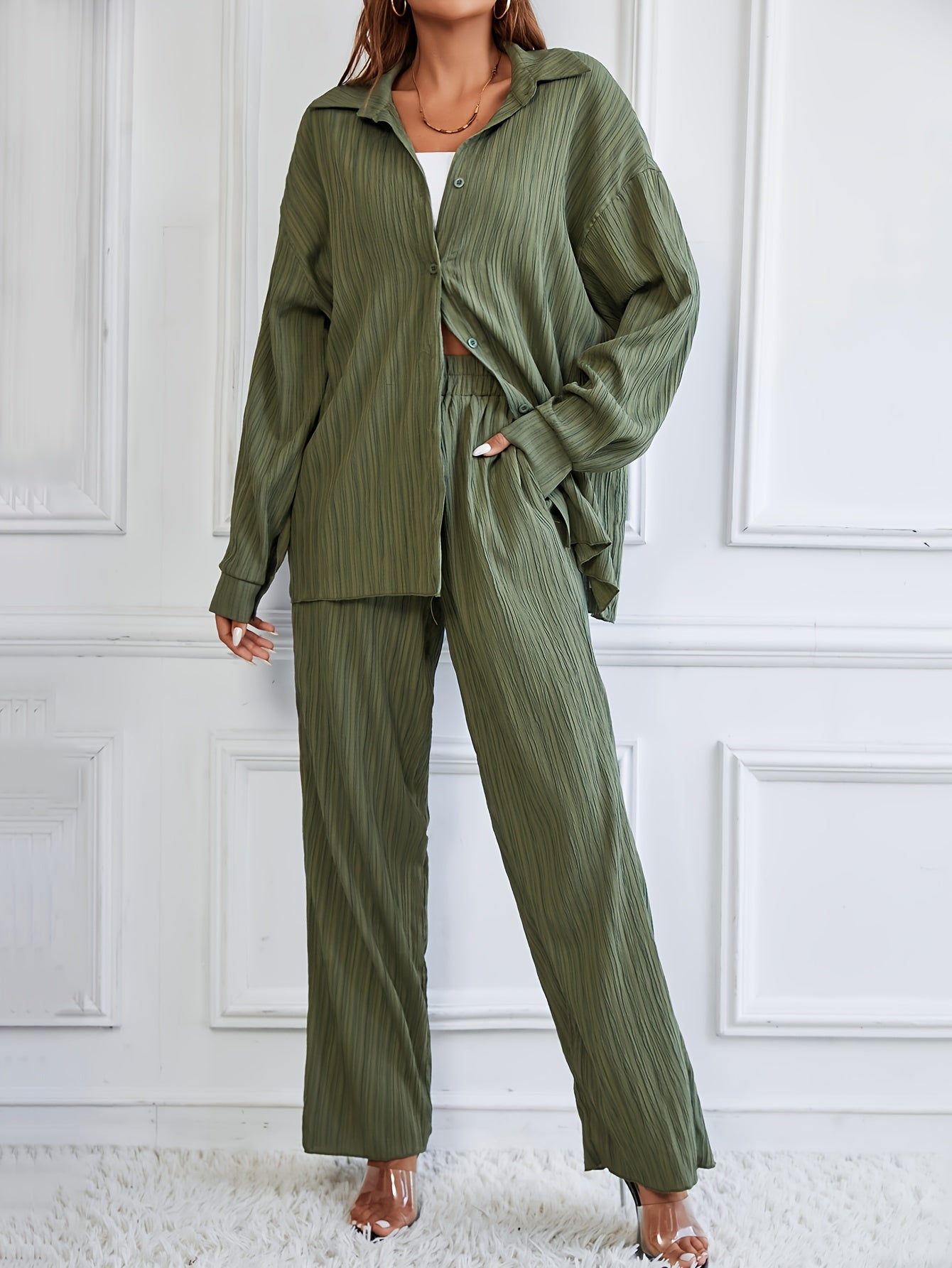 Single Color Textured Casual Pantsuits, Button Front Long Sleeve Drop Shoulder Shirt & High Waist Pants Outfits, Women's Clothing