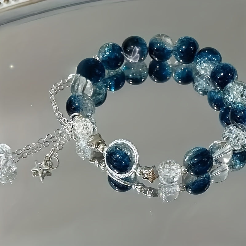 1pc Sparkling Star Charm Blue Beaded Bracelet, Handcrafted Adjustable Design - Perfect Adorable Gift for Her - Trendy Everyday Accessory