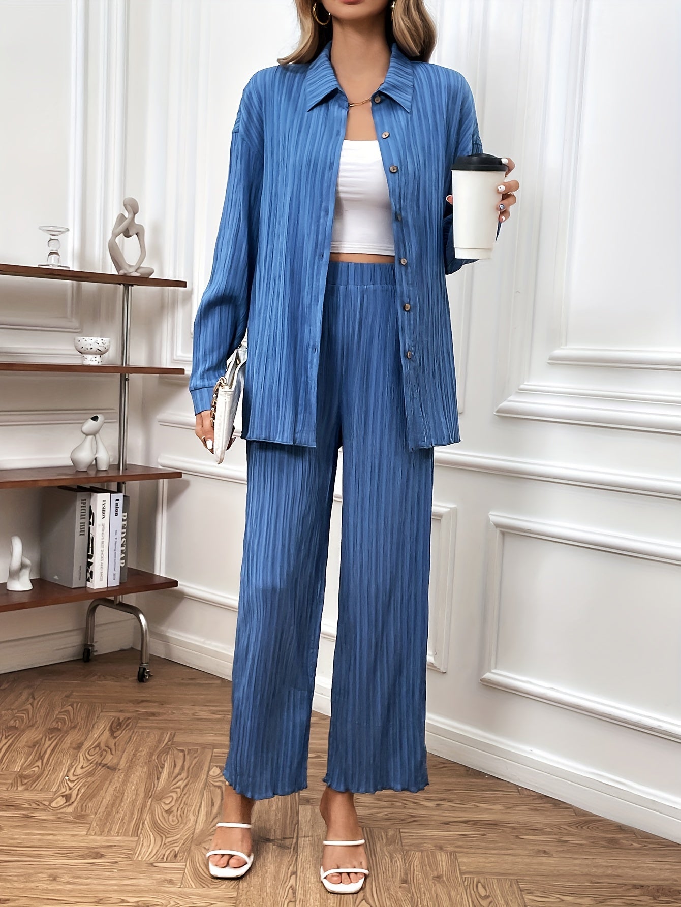 Solid Casual Two-piece Set, Button Front Long Sleeve Shirt & Wide Leg Pants Outfits, Women's Clothing